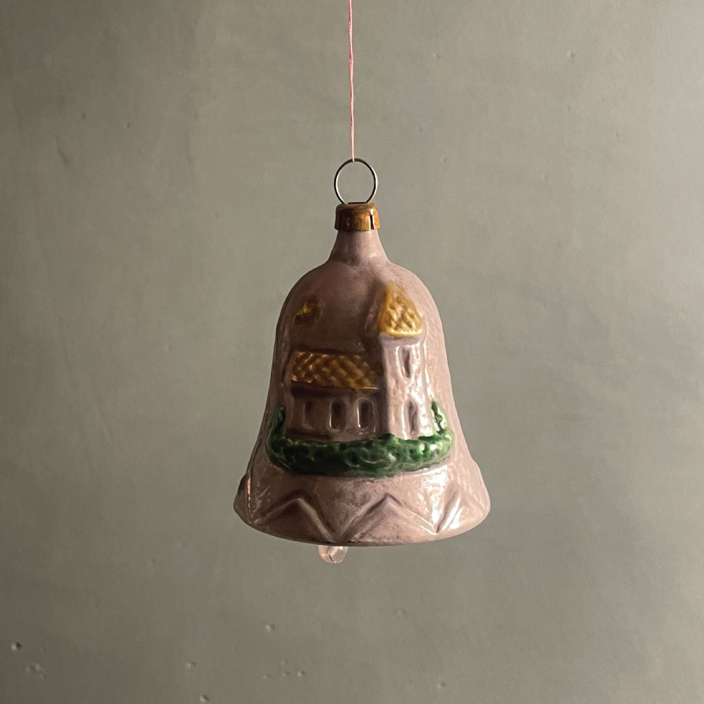 Smuk håndlavet glas klokke med kirke motiv