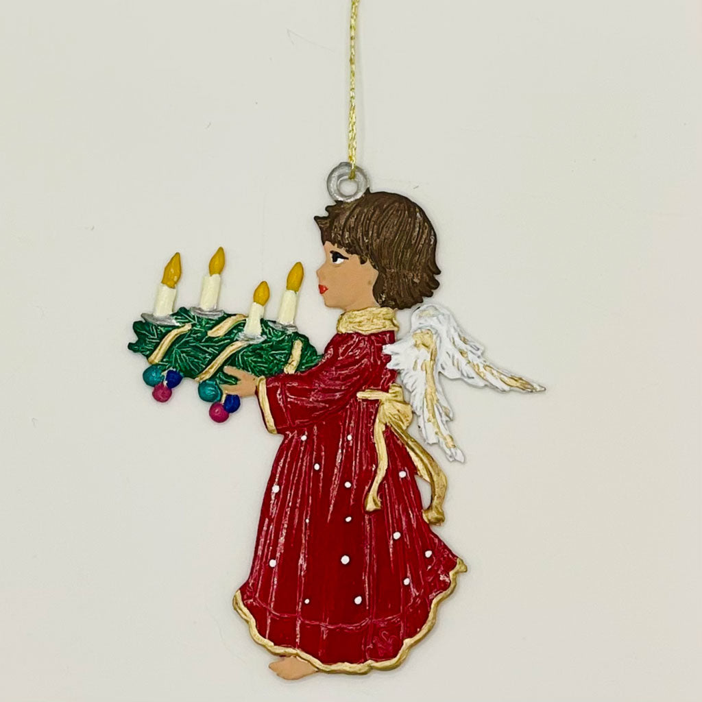 tin engel med adventskrans til juleophæng og dekoration