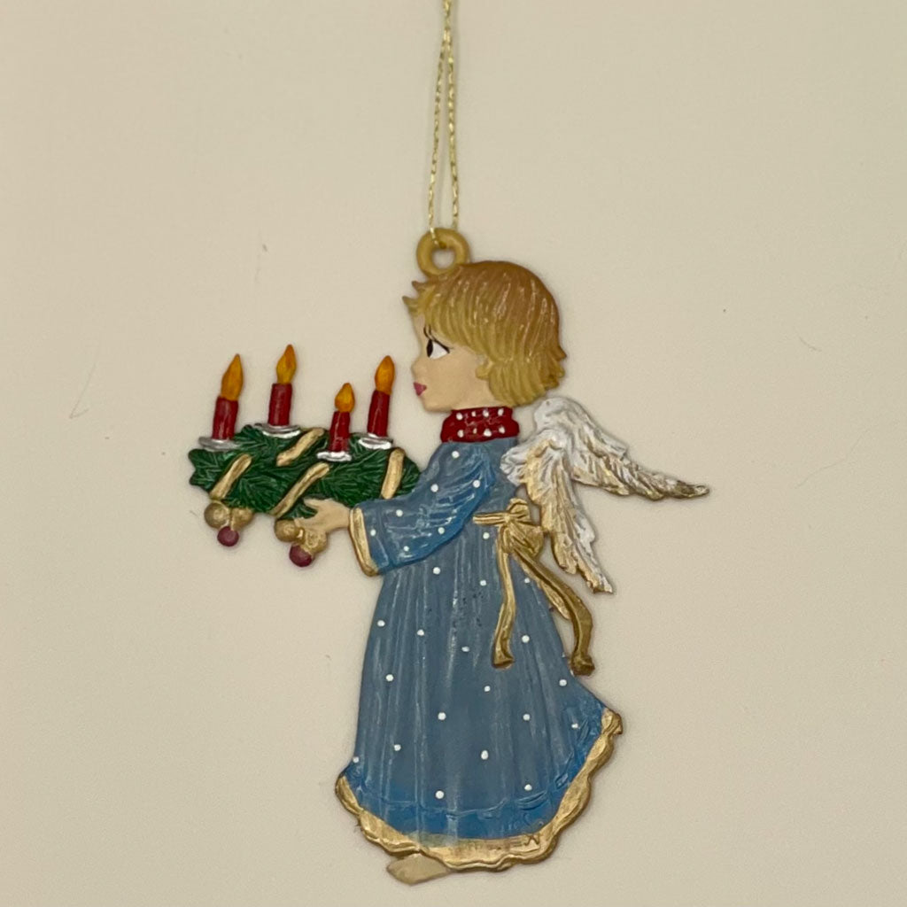 tin engel med adventskrans til juleophæng og dekoration