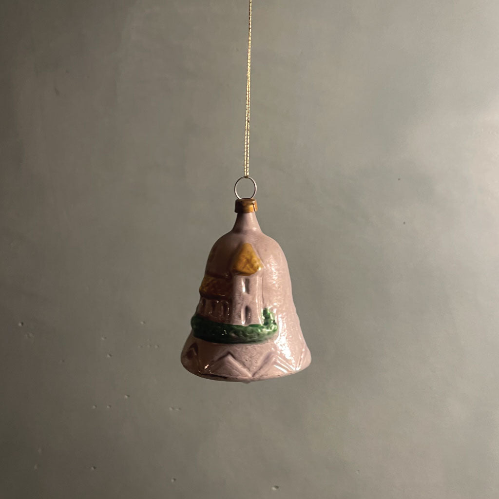 Smuk håndlavet glas klokke med kirke motiv